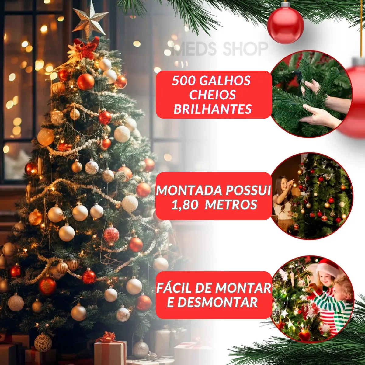Arvore Natal 1,80m 500 Galhos Decorada Enfeitada Pinheiro Luxo Completa +80 Enfeites